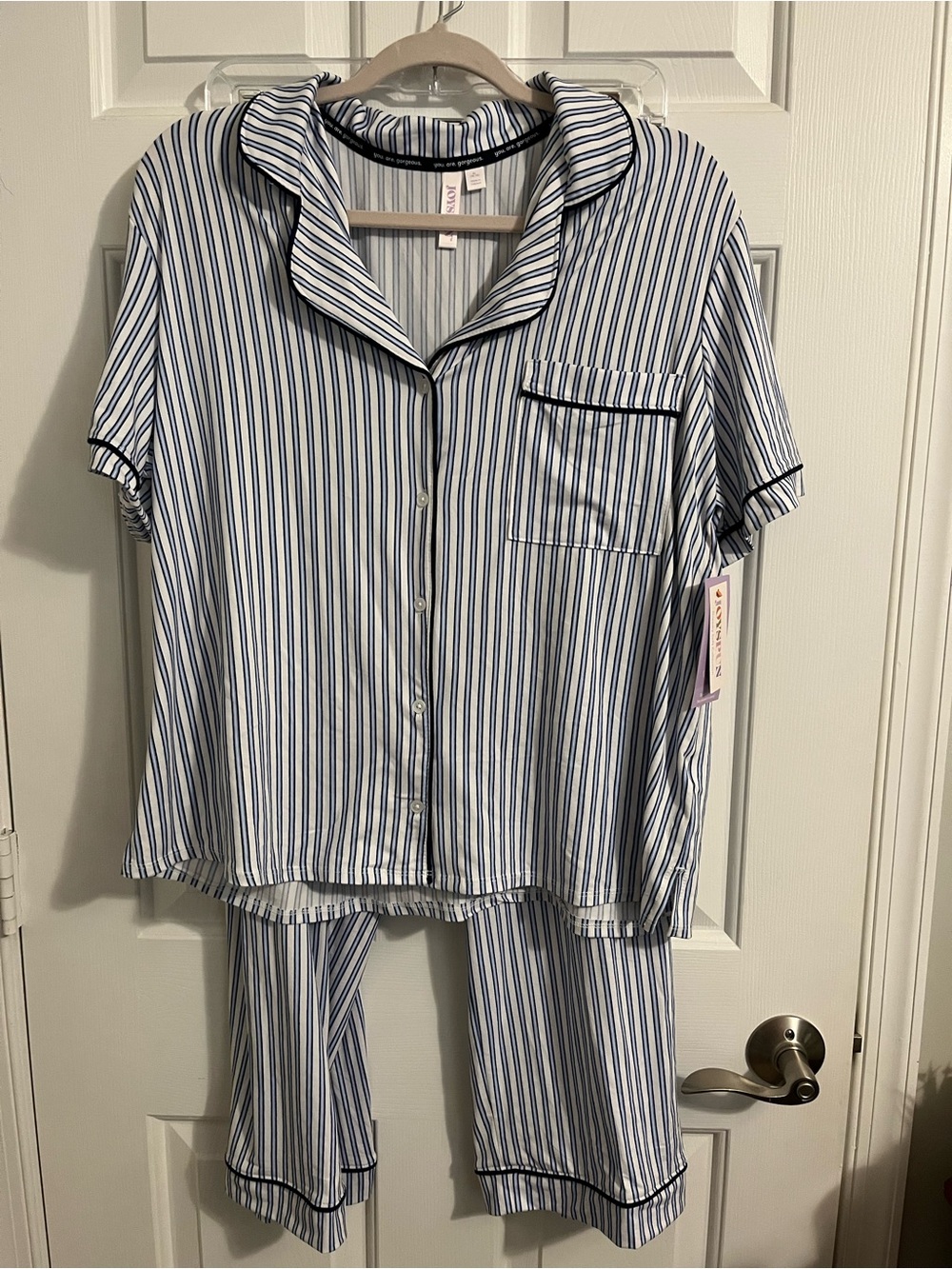 Women's Blue & White Striped Short Sleeve Pajama Set - Classic Collar XL NWT